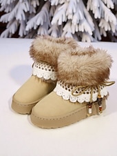 billige Snow &amp; Winter Boots-Brune, koselige støvletter med fuskepelsfôr og heklede detaljer til dame – uformelt vintersko med perledetaljer og mykt plysjfôr, perfekt til jul, høytidsgaver og uformelle vinterturer.