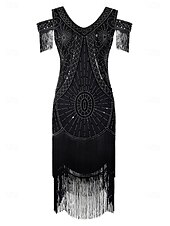 abordables Vestidos de los años 20-Conjunto Rugido 20s 1920s Hasta la Rodilla Vestidos Vestido Flapper Accesorios con accesorios Hombro frío Mangas cortas El gran Gatsby charlestón Lentejuelas Borlas Pluma Escote en Pico Disfraz Mujer