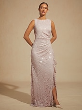 abordables Robe de cocktail-Robe longue fourreau élégante pour femme, idéale pour un mariage, une soirée ou une invitée. Coupe classique, ornée de sequins, de dentelle et de volants, fendue, unie, sans manches, col bateau, rose
