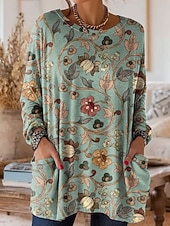 preiswerte Boho-T-Shirt-Damen T Shirt Tasche Druck Blumen Grafik Vintage Mode Stilvoll Langarm Rundhalsausschnitt Normale Oberteile Täglich Ausgehen Wochenende Rosa Orange Grün Beige Frühling Herbst Winter