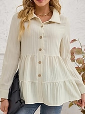 preiswerte Einfache Blusen-Damen Bluse Gerafft Knöpfe Einfarbig Stilvoll Lässig Langarm Hemdkragen Normale Oberteile Täglich Salbeigrün Schwarz Rote Marineblau Aprikose Frühling Herbst Winter