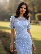 cheap Cocktail Dresses-Sheath / Column Tea Length Cocktail Dresses Evening Gown Party Dresses Elegant Glittering Celebrity Style Short Sleeve Crew Neck Formal Wedding Lace with Beading Appliques