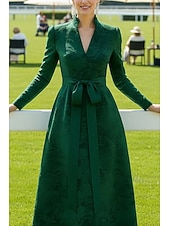 baratos Comprimento do tornozelo-Linha A Até o Tornozelo Vestido de Derby Vestido Para Mãe dos Noivos Manga Longa Decote V Elegante Vintage Kentucky Derby Jacquard com Faixa / Fita Laço(s)