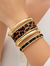 voordelige Damesarmband-Dames manchetarmbanden met luipaardprint in goudkleurige legering – set van 4, stijlvol dierenprintontwerp, perfect voor casual en avondkleding