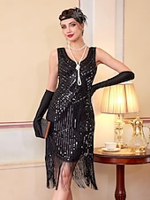 baratos Vestidos dos anos 1920-Conjunto Loucos anos 20 Anos 20 Até os Joelhos Vestidos Vestido melindroso Roupa com acessórios Sem Mangas O Grande Gatsby charleston Paetês Franjas Pena Decote V Fantasia Mulheres Carnaval Ano Novo