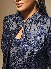 お買い得  レディースブラウススーツ-女性用 ブラウス 2 ピースの衣装 ドレッシーなトップス スパンコール 刺繍 フラワー エレガント 七分袖 スタンドカラー レギュラートップス パーティー ネイビーブルー 春 秋 冬