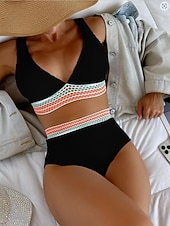 abordables Conjuntos de bikini-Bikini de mujer de 2 piezas bañador control de abdomen cintura alta delgada sin espalda vacaciones playa ropa color sólido cuello en V sin mangas trajes de baño