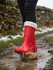abordables Bottes de neige et d'hiver-Bottes de pluie rouges imperméables pour femmes avec revers amovible en fausse fourrure – des chaussures résistantes et élégantes pour les intempéries, les aventures en plein air et les activités de jardinage.