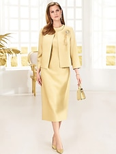 preiswerte Teelänge-Schlauchkleid Tee-Länge Cocktailkleid Langarm Rundhalsausschnitt Elegant Vintage Party Spandex Polyester Brautmutterkleid mit Perlenstickerei