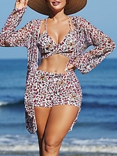 tanie 3-częściowy zestaw bikini-Kobiece bikini 3-częściowy strój kąpielowy szorty smukły bez pleców na wakacje plażowe ubranie kwiatowy dekolt V bez rękawów