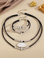 cheap Women's Necklace-Women's Bohemian Leather and Metal Statement Necklace &amp; Bracelet Set, Adjustable, Available in Gold and Silver – Perfect for Casual and Evening Wear