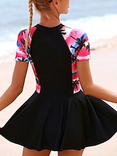 billiga Badessor-Kvinnors tankini baddräkt dragkedja fram palm klänning trosor mage kontroll hög midja slim backless semester strandkläder grafisk färgblock rund hals kort ärm baddräkt