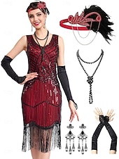 baratos Vestidos dos anos 1920-Conjunto Loucos anos 20 Anos 20 Até os Joelhos Vestidos Vestido melindroso Roupa com acessórios Sem Mangas O Grande Gatsby charleston Paetês Franjas Pena Decote V Fantasia Mulheres Carnaval Ano Novo