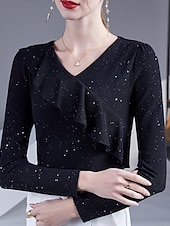 preiswerte Einfarbiges T-Shirt-Damen Elegante Oberteile Elegant Schwarz Weiß Rote Herbst Winter