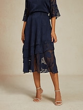 Χαμηλού Κόστους Φούστες σιφόν-Γυναικεία Κομψό Καθημερινό Μίντι Μεσαία Μέση Φούστες Φλοράλ Δαντέλα Με Βολάν Ακανόνιστος γιακάς Μικροελαστικό Ημερομηνία Καθημερινά Βαθυγάλαζο Άνοιξη, Φθινόπωρο, Χειμώνας, Καλοκαίρι