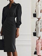 tanie czarna sukienka midi-Damskie Długa sukienka sukienka maxi Czarna sukienka Sukienka ołówkowa Elegancja Moda Nowoczesny Codzienny Biuro Święto Regularny Równina Długi rękaw W serek Czarny Rumiany róż Jasnoszary Beżowy