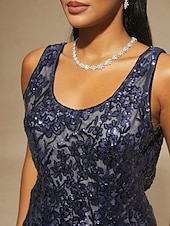 お買い得  レディースブラウススーツ-女性用 ブラウス 2 ピースの衣装 ドレッシーなトップス スパンコール 刺繍 フラワー エレガント 七分袖 スタンドカラー レギュラートップス パーティー ネイビーブルー 春 秋 冬