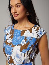economico abito casual stampato-abito lungo da vacanza con cintura e volant in cotone blu floreale