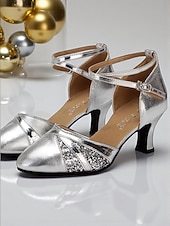 preiswerte Lateinamerikanische Schuhe-Goldene Damen-Lateintanzschuhe mit gekreuzten Knöchelriemen – glänzende Glitzer-Absätze für Salsa, Tango und Bühnentraining