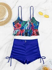 levne Tankiny-Dámský tankini 2-dílný plavecký úbor s řasením palm šortky kontrola břicha vysoký pas štíhlé bez zad dovolená plážové oblečení květinový kulatý výstřih bez rukávů