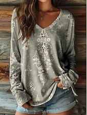 billige Boho t-skjorte-Dame Boho T-skjorte Grafikk Planter Tribal Vintage Stilfull Klassisk Langermet V-hals Vanlige Topper Daglig Trykk Blå Lys Grønn Vin Marineblå Fuchsia Vår Høst Vinter