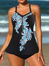 billiga Tankinis-Kvinnors tankini 2-delad baddräkt sexig mage kontroll hög midja smal rygglös semester strandkläder ombre u-hals ärmlös baddräkt