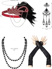baratos Vestidos dos anos 1920-Conjunto Loucos anos 20 Anos 20 Até os Joelhos Vestidos Vestido melindroso Roupa com acessórios Sem Mangas O Grande Gatsby charleston Paetês Franjas Pena Decote V Fantasia Mulheres Carnaval Ano Novo