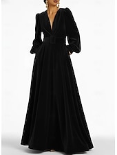 economico Abiti da Sera a Linea A-Abito da sera A-Line rosso nero blu in velluto elegante formale per matrimonio autunnale lungo fino al pavimento con maniche lunghe scollo a V tasca con spacco tasca