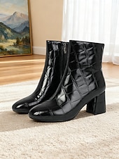 levne Kotníkové boty-Dámské kotníkové boty z vínové kůže s krokodýlím potiskem, blokovým podpatkem a zapínáním na zip – elegantní hranatá špička pro každodenní nošení i do kanceláře