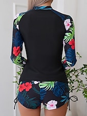 Недорогие Танкини-Женский танкини из 2 предметов купальник с молнией спереди пальмы шорты контроль живота высокая талия узкий спина без бретелек пляжная одежда цветочный листья высокий вырез длинные рукава