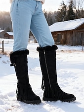 abordables Snow &amp; Winter Boots-Women's Green Fringe Faux Suede Snow Boots with Fur Lining – Stylish Knee-High Winter Boots Footwear for Cold Weather, Snow and Outdoor Adventures