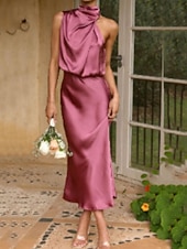 baratos Vestido Simples-Mulheres Vestido midi Vestido Longo Vestido Maxi vestido de cetim Vestido de formatura Vestido de festa Elegante Moda Moderno Festa de Noite Festa Ocasião Especial Normal Delgado Tecido Sem Manga