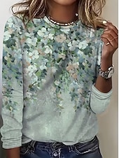 Χαμηλού Κόστους Floral μπλουζάκι-Γυναικεία Μπλουζάκι Στάμπα Φλοράλ Γραφική Φυτά Μοντέρνα Καθημερινό Μακρυμάνικο Στρογγυλή Ψηλή Λαιμόκοψη Στρογγυλή Λαιμόκοψη Κανονικά μπλουζάκια Καθημερινά Σαββατοκύριακο