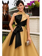 ieftine Lungimea gleznei-Linia -A Lungime Gleznă Rochie Derby Rochie Mama Miresei Fără manșon Stil Nautic Gât Înalt Elegant Kentucky Derby Satin cu Arc Bloc Culoare