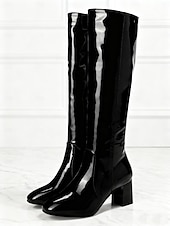 economico Stivali alla moda-stivali alti fino al ginocchio da donna in similpelle verniciata rossa - tacco spesso alla moda, chiusura con cerniera, alla moda e alla moda per tutti i giorni, le feste e le serate fuori