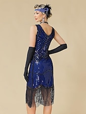 baratos Vestidos dos anos 1920-Conjunto Loucos anos 20 Anos 20 Até os Joelhos Vestidos Vestido melindroso Roupa com acessórios Sem Mangas O Grande Gatsby charleston Paetês Franjas Pena Decote V Fantasia Mulheres Carnaval Ano Novo