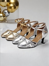 preiswerte Lateinamerikanische Schuhe-Goldene Damen-Lateintanzschuhe mit gekreuzten Knöchelriemen – glänzende Glitzer-Absätze für Salsa, Tango und Bühnentraining