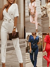 Χαμηλού Κόστους casual ολόσωμες φόρμες-Γυναικεία Φόρμες Ενεργό Συμπαγές Χρώμα Μισό μανίκι Λαιμόκοψη V Τσέπη Κουμπιά Διακοπές Δουλειά Κανονικό Θαλασσί Λευκό Ανθισμένο Ροζ Άνοιξη