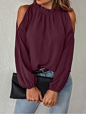 Недорогие Нарядные блузки-Жен. Блуза Рюши Оборки Полотняное плетение Элегантный стиль Винтаж Стиль Длинный рукав Вырез под горло Обычные топы Повседневные Праздники На выход Черный Винный Зеленый Осень Зима