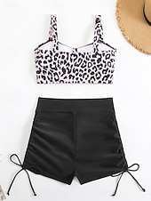 Χαμηλού Κόστους Τανκίνι-Γυναικείο Τανκίνι 2 Κομμάτια Μαγιό Ραφές Υποστήριξη Λεοπάρ Μικροσκοπικά Έλεγχος Κοιλιάς Ψηλόμεσο Λεπτό Χωρίς Πλάτη Θέρετρο Παραλίας V Λαιμός Αμάνικο Μαγιό