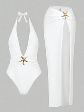 preiswerte Einteilige Badeanzüge-Damen Einteiler Badeanzug mit Rock Monokini Bauchkontrolle Hohe Taille Slim Rückenfrei Elegant Urlaub Einfarbiger V-Ausschnitt Ärmelloses Badeanzug