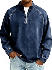 preiswerte Basic-T-Shirts-Herren Hemd aus 100 % Baumwolle in Säurewaschung T-Shirt Langarm Stehkragen Frühling Herbst Herbst Winter Einfach Vintage Streetwear Lässig Reißverschluss Basic Lässig Heim Straße Schwarz Rosa