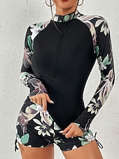 baratos Tankinis-Maiô Tankini Feminino 2 Peças Short Controle de Barriga Cintura Alta Slim Costas Descobertas Roupas de Praia de Férias Floral Folhas Decote Alto Com Mangas Longas