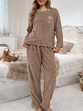 olcso Női szabadidőruházat-Női Pizsamák Lounge-ruházat Flanel Meleg Divat Tiszta szín Zsinór Rugalmas derék Nadrág Vakáció Otthon Napi Hosszú ujj Terített nyak Barna Szürke Ősz Tél Laza öltözet