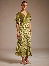 voordelige Bloemenjurk-dames maxi-jurk a-lijn jurk fluweel elegant feest bruiloft gast bloemen blad halve mouw v-hals smaragdgroen lente herfst winter