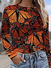 billiga Djur tee-Dam T-shirt Mönster Grafisk Fjäril Vintage Mode Stylish Långärmad Rund hals Vanliga toppar Dagligen Helgen Blå Purpur Orange Grön Sommar Vår Höst
