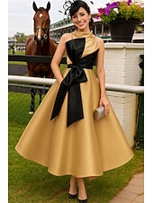 ieftine Lungimea gleznei-Linia -A Lungime Gleznă Rochie Derby Rochie Mama Miresei Fără manșon Stil Nautic Gât Înalt Elegant Kentucky Derby Satin cu Arc Bloc Culoare