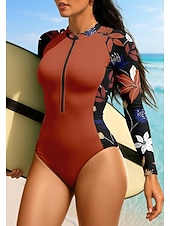 Недорогие Рашгард One Pieces-Жен. Стандарт Рашгард UPF50+ Быстровысыхающий Легкость Длинный рукав Боди Плавки-шорты Купальный костюм Передняя молния Серфинг Гребля на каное Пляж  Водные виды спорта Спортивная Плавание Цветочные