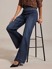 preiswerte Damenhosen-Damen-Jeanshose mit weitem Bein, Stretch-Gummibund vorne, schlankmachender Einsatz, lässig, Urlaub, Alltag, Frühling, Sommer, Herbst