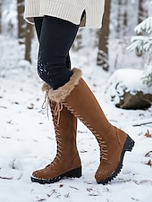 cheap Snow &amp; Winter Boots-Women's Brown Lace-Up Fur Lined Boots - Knee-High Winter Boots with Warm Faux Fur Collar for Outdoor Snow and Holiday Wear